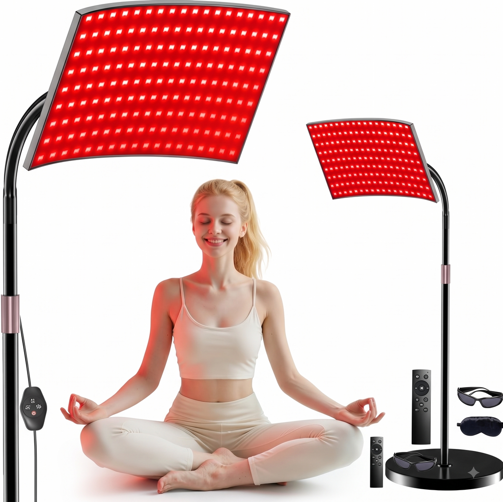 Red light therapy floor panel with 660nm/850nm LEDs on an adjustable stand, in use during a seated meditation session