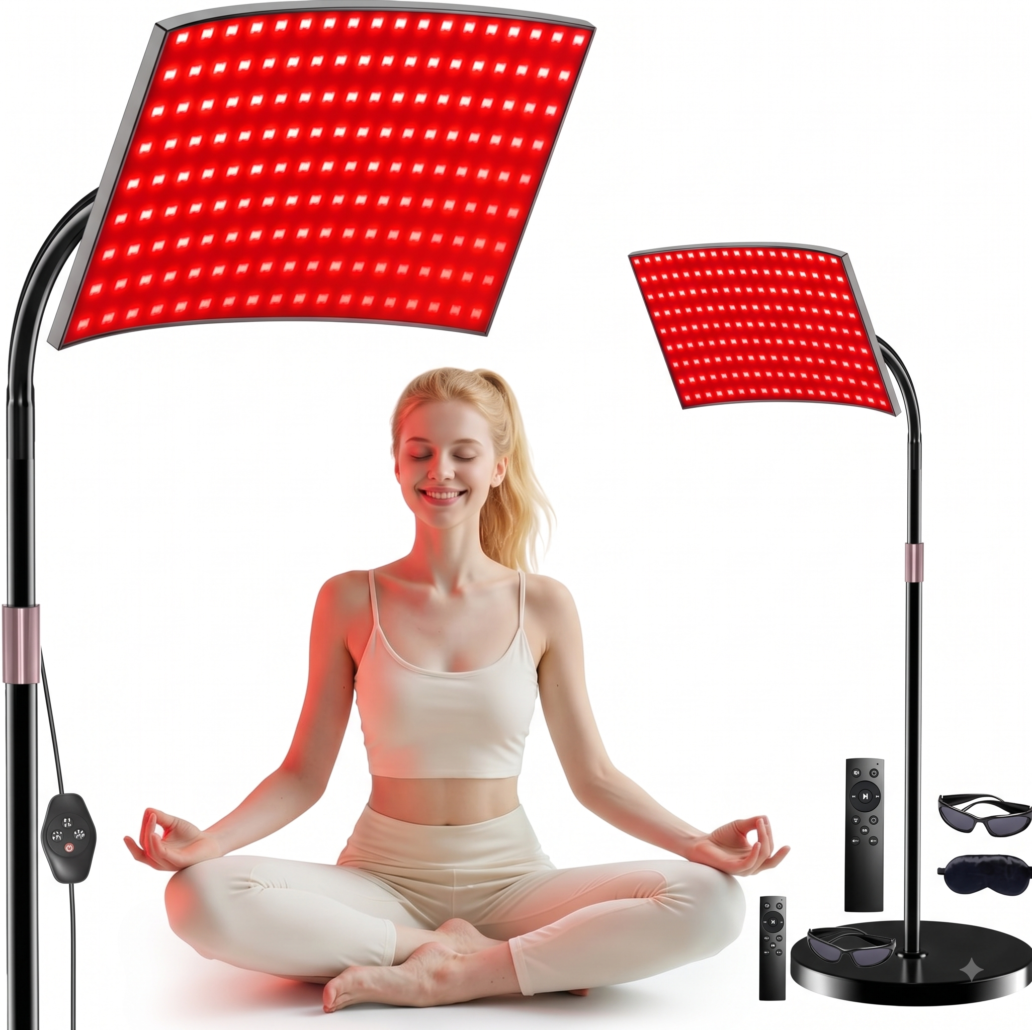 Red light therapy floor panel with 660nm/850nm LEDs on an adjustable stand, in use during a seated meditation session