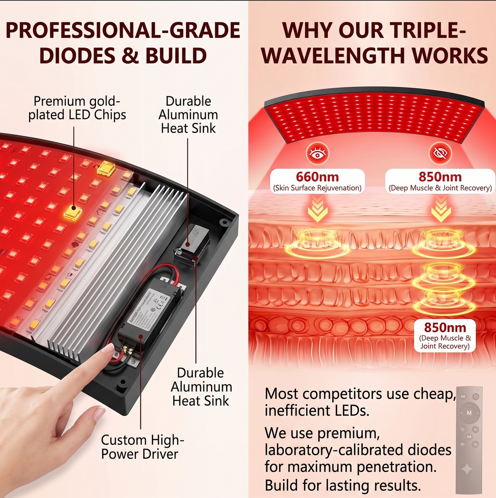 Close-up of the panel's LED diodes and aluminum heat sink, and diagram of 660nm and 850nm wavelengths penetrating skin layers