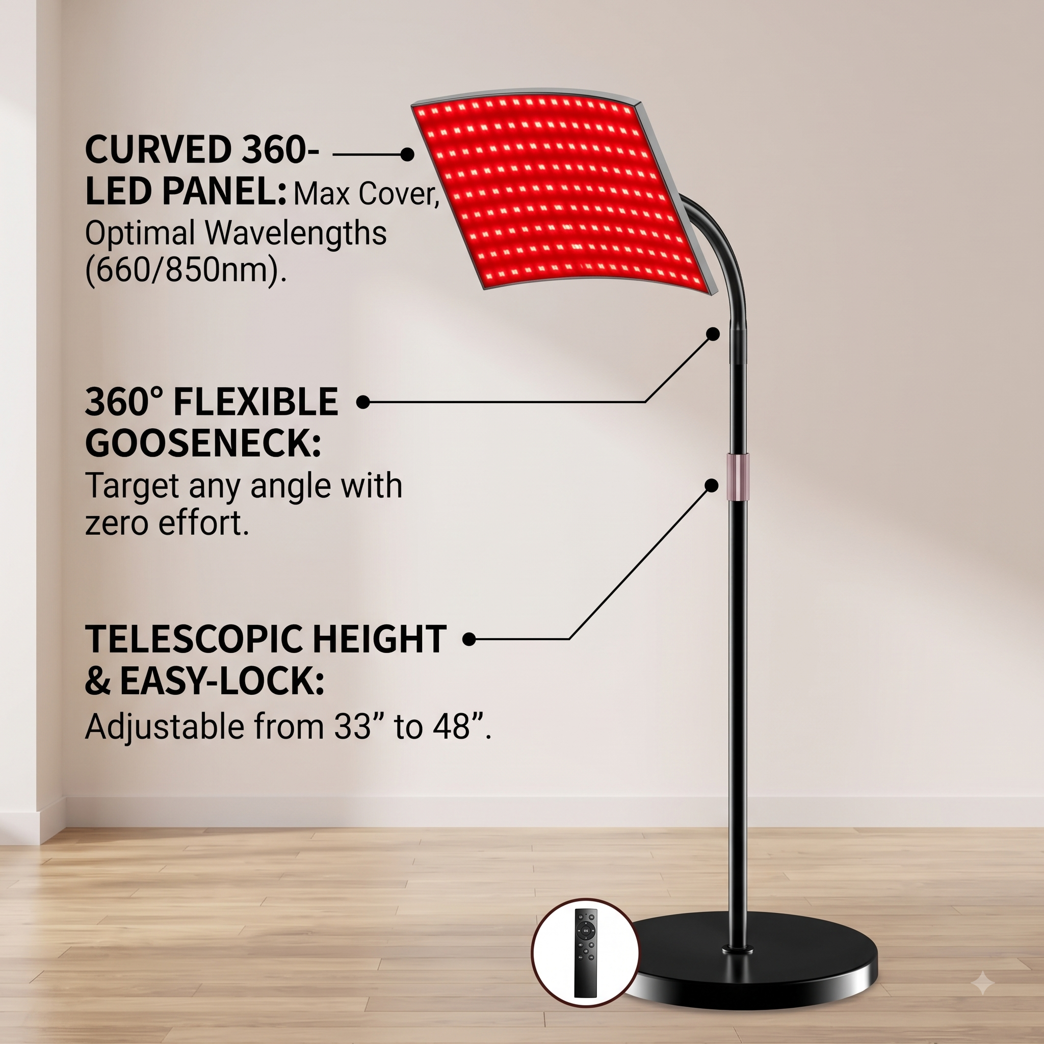 Curved LED panel with flexible gooseneck and telescopic stand, adjustable from 33 to 48 inches