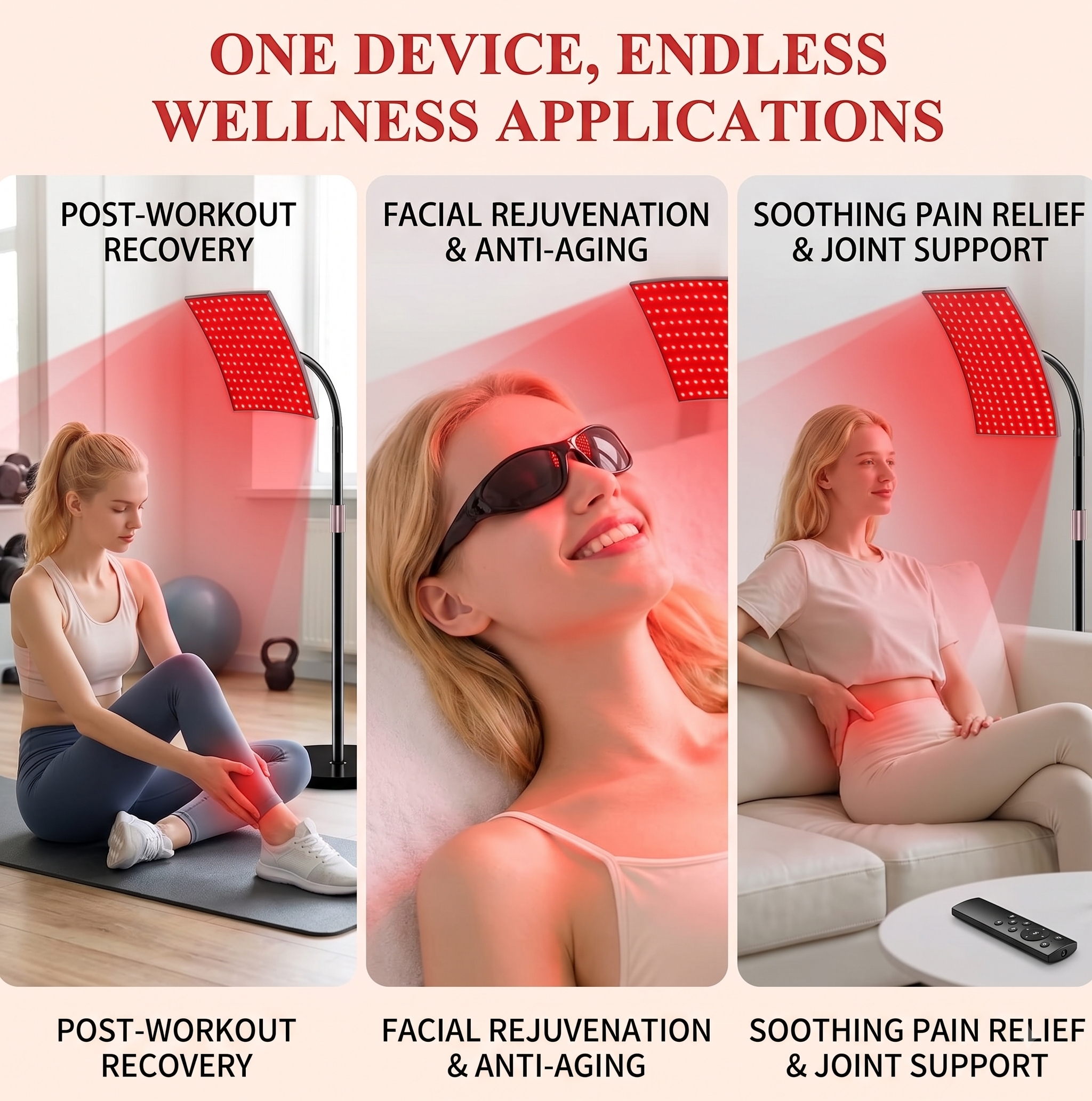 Red light therapy panel in use for post-workout recovery, facial treatment, and seated pain relief