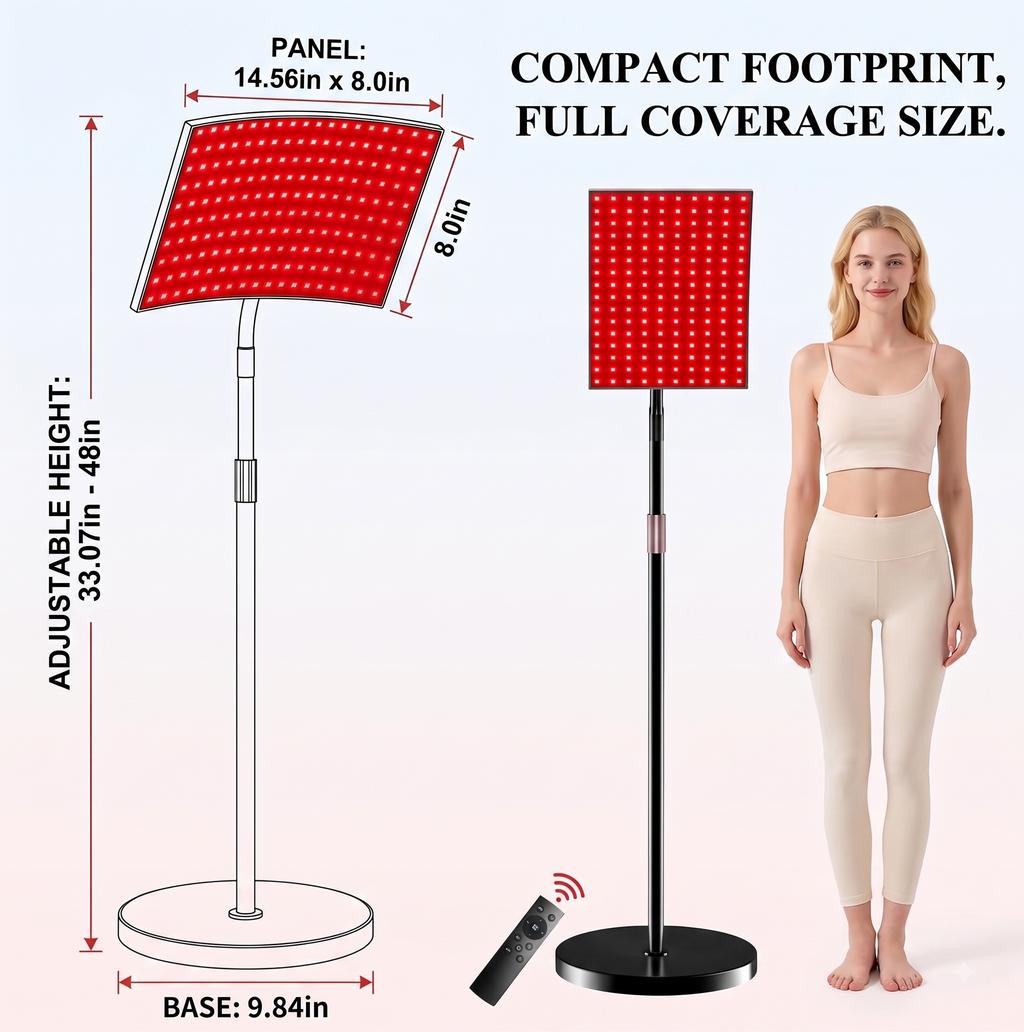 Panel and stand dimensions: 14.56 by 8 inch panel, 9.84 inch base, shown next to a person for scale
