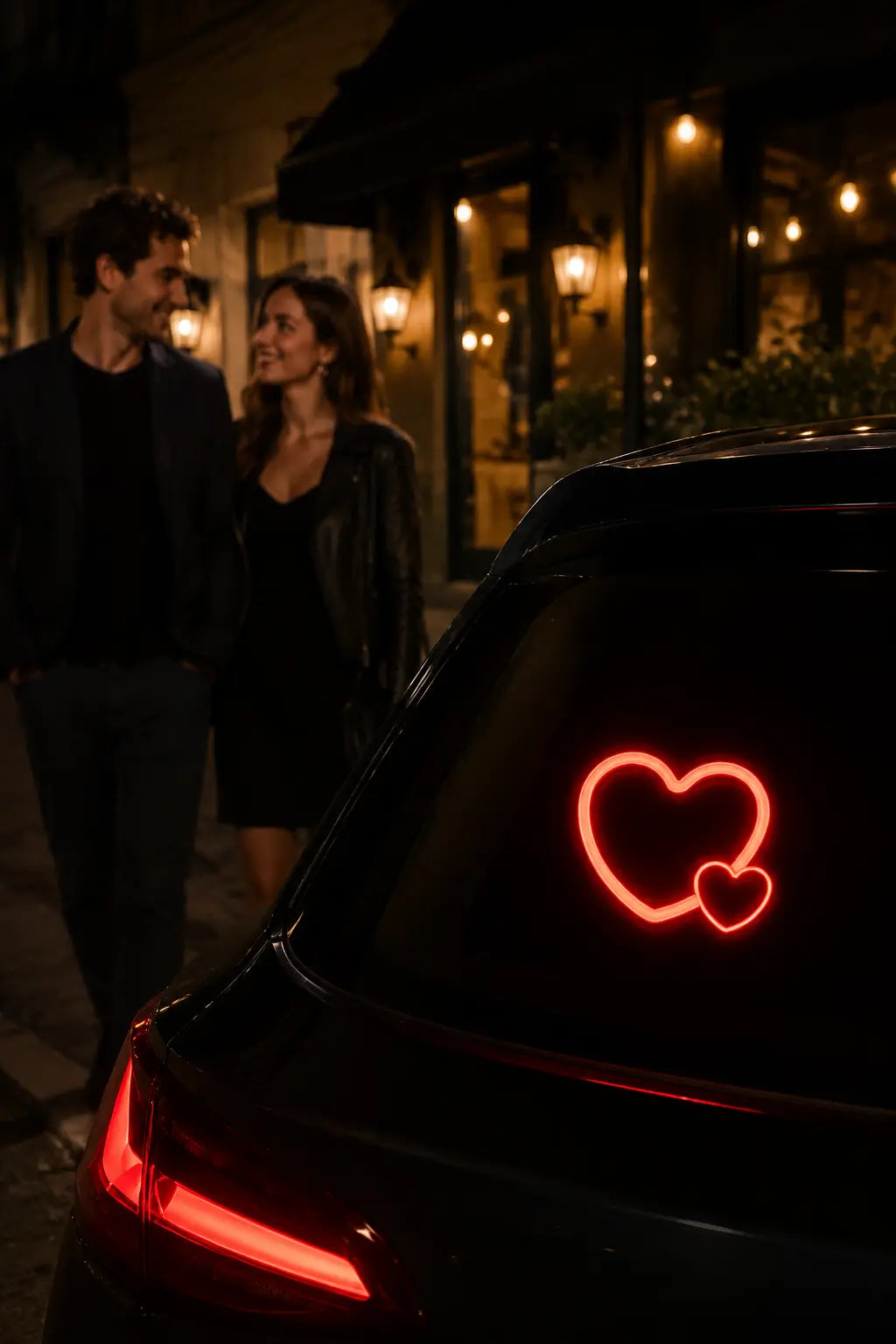 Red Solar Heart LED Car Light glowing on a parked car during an evening arrival